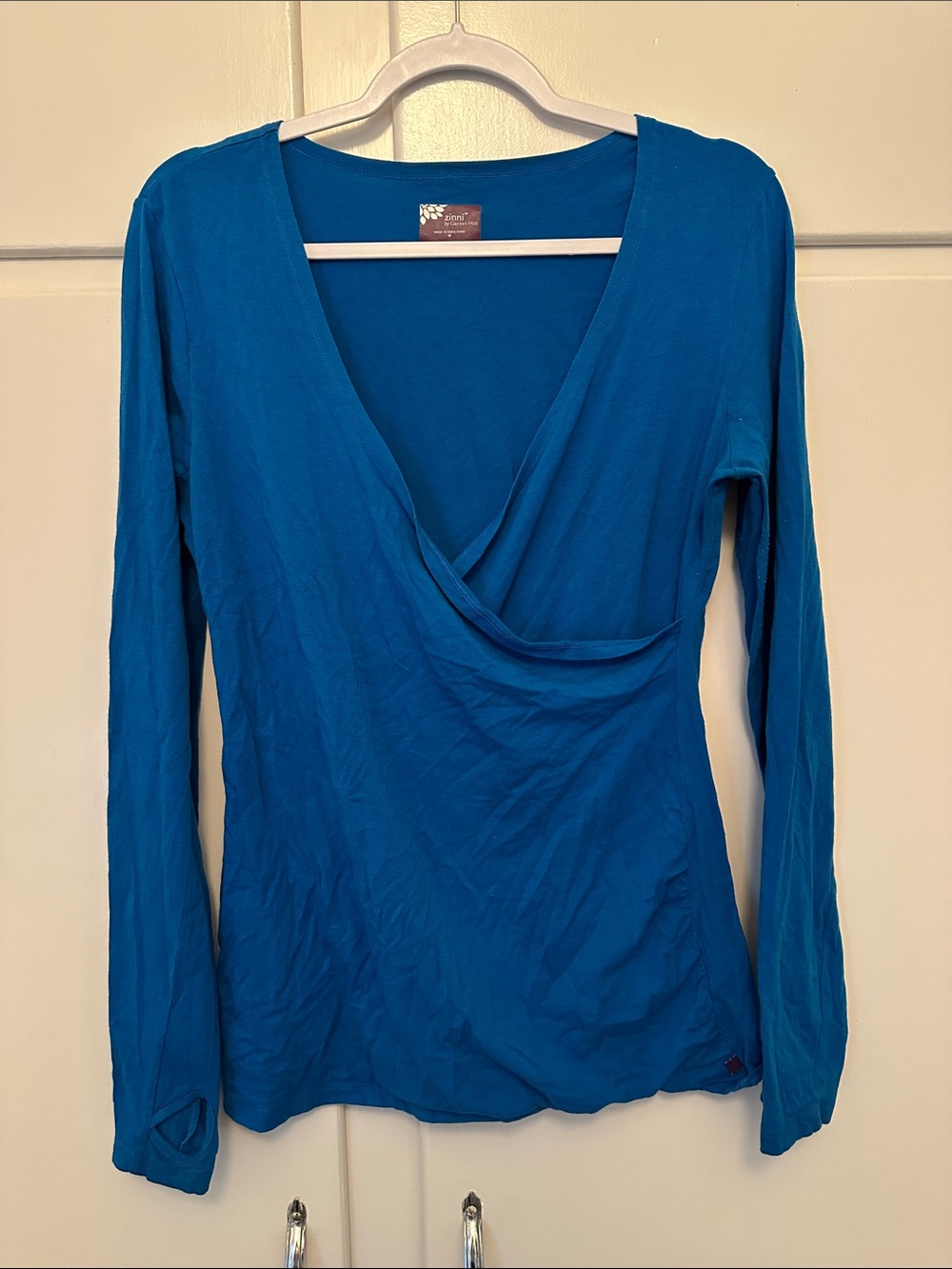 EUC Zinni Garnet Hill Blue Wrap-Style Long Sleeve Workout Lounge Top